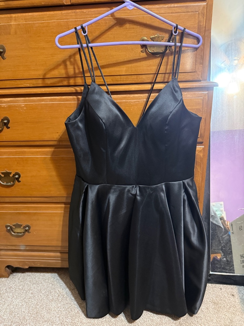 Black Satin V-Neck Spaghetti-Strap Mini Dress